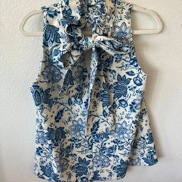 Tuckernuck Mason Blue Floral Chintz High Ruffle Neck Blouse with Tie Back - Picture 7 of 9